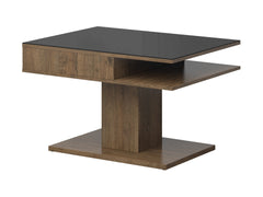 Campo Coffee Table 80×60 cm – Tempered Black Glass Top, Open Storage, Compact | April Oak & Black