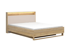 Dalva Bed 160 — Japandi Style, LED Headboard with USB, Gas Lift Storage, Mauvella Oak & Kashmir
