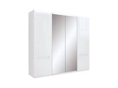 Azteca Trio 4-Door Wardrobe 220×210 cm – Mirror Fronts, 3 Sections, 2 Hanging Rails, Soft-Close | White & White Gloss