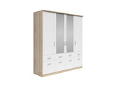 Brando 4 Wardrobe 181 cm – White Matt | Mirror Centre Doors | Hanging Rail | 8 Drawers | Shelves | Grey Textile Interior | 181×199×58 cm