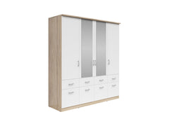 Brando 4 Wardrobe 181 cm – White Matt | Mirror Centre Doors | Hanging Rail | 8 Drawers | Shelves | Grey Textile Interior | 181×199×58 cm