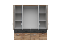 Brando 4 Wardrobe 4-Door with 8 Drawers – Dark Flagstaff Oak / Graphite