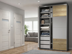 Flex Sliding Wardrobe 150x240 cm – Graphite & Mauvella Oak, Mirror, 5 Shelves, 3 Drawers