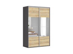 Flex Sliding Wardrobe 150x240 cm – Graphite & Mauvella Oak, Mirror, 5 Shelves, 3 Drawers