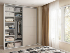 Flex Sliding Wardrobe 200 cm – White & Cashmere | Mirror Sliding Door | 10 Shelves | 2 Hanging Rails | 3 Soft-Close Drawers | Shoe Rack | Grey Canvas Interior | 200×240×66 cm