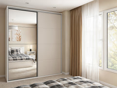 Flex Sliding Wardrobe 200 cm – White & Cashmere | Mirror Sliding Door | 10 Shelves | 2 Hanging Rails | 3 Soft-Close Drawers | Shoe Rack | Grey Canvas Interior | 200×240×66 cm