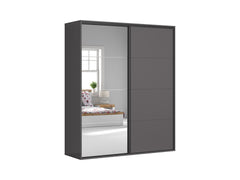 Flex Sliding Wardrobe 200x240 cm – Graphite, Mirror Door, 10 Shelves, 2 Rails, 3 Drawers