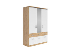 Brando 3 Wardrobe 136 cm – Artisan Oak & White | Mirror Centre Door | 2 Hanging Rails | 6 Drawers | Shelves | 136×199×58 cm