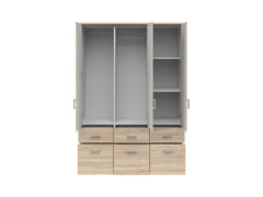 Brando 3 Wardrobe 136×199×58 cm – 3 Doors, Mirror, 2 Hanging Rails, 6 Drawers & Shelves | Sonoma Oak