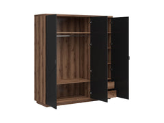 Forn 3-Door Wardrobe 180 cm – Dark Delano Oak / Matt Black | Rail, 4 Shelves & 2 Drawers