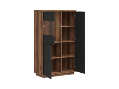 Forn Display Cabinet 94 cm – Dark Delano Oak / Matt Black | 6 Compartments, Glass Shelf & LED Option