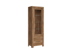 Gent Display Cabinet | Stirling Oak | LED Lighting | Glass Shelves + 2 Drawers | 68×200 cm