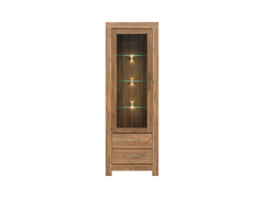 Gent Display Cabinet | Stirling Oak | LED Lighting | Glass Shelves + 2 Drawers | 68×200 cm
