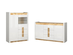 Alameda Living Room Set | Chest of Drawers & Display Cabinet | White Gloss & Westminster Oak | LED