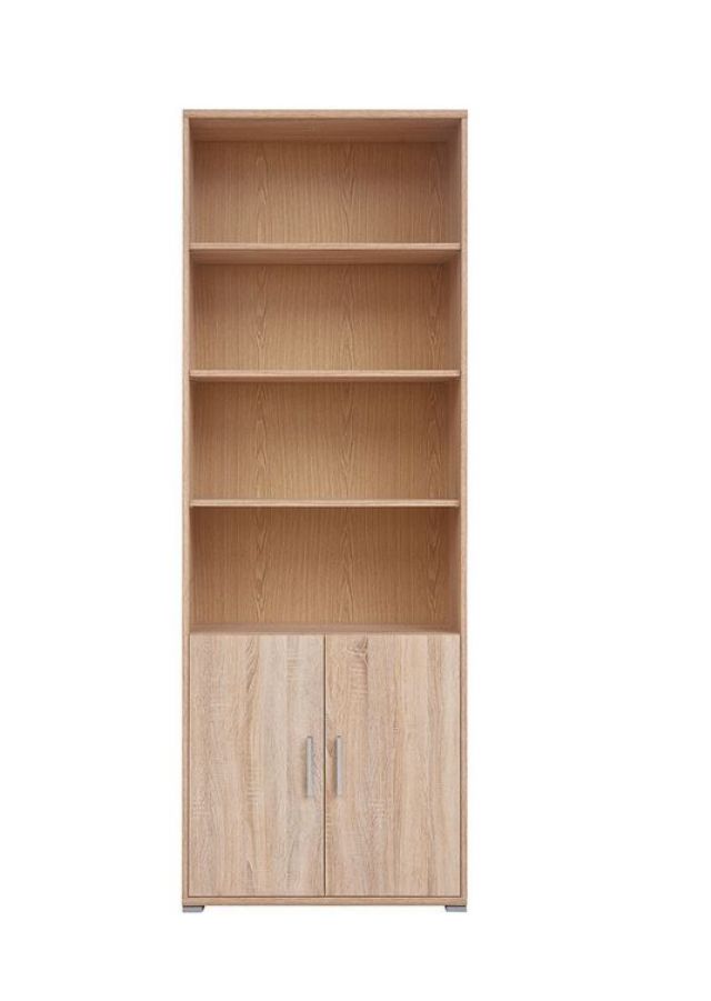 BRW Office Tall Bookcase | 3 Open Shelves, 2 Doors & Enclosed Base | Sonoma Oak | 79x221x35cm