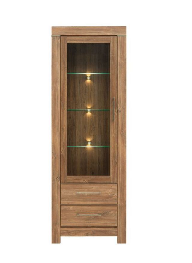 Gent Display Cabinet | Stirling Oak | LED Lighting | Glass Shelves + 2 Drawers | 68×200 cm