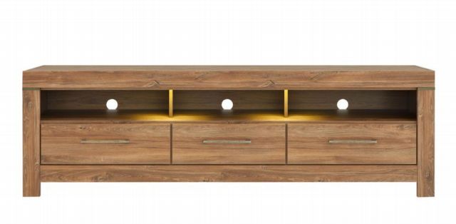 Gent TV Cabinet with 3 Drawers, Open Shelves & LED Lighting | Stirling Oak | 200x60cm