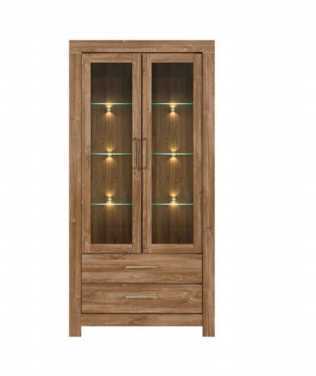Gent Display Cabinet with Glass Doors, LED Lighting & 2 Drawers | Stirling Oak | 98x201cm