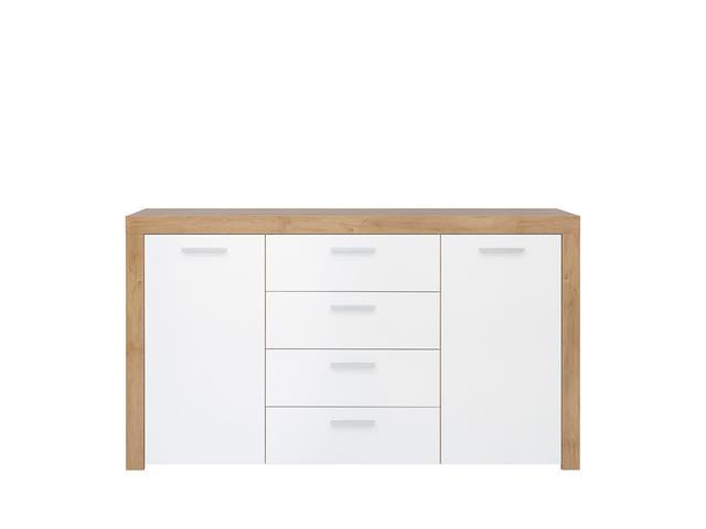 Balder Chest of Drawers 155cm — 2 Cabinets, 4 Drawers, Bold Frame Strips & Simple Handles, Riviera Oak & White Gloss