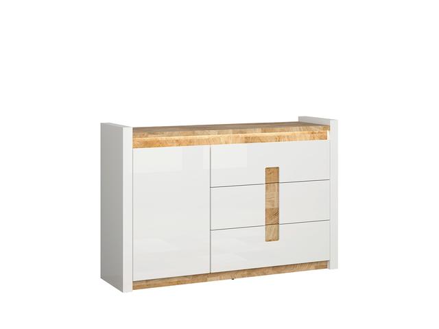 Alameda Chest of Drawers – 3 Drawers, 1 Door & LED Under-Top Lighting | White Gloss / Westminster Oak | 147×96.5 cm