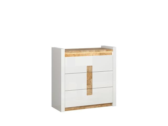 Alameda Chest of Drawers 97 cm – 3 Drawers with LED Under-Top Lighting & Wood-Grain Decor | White Gloss / Westminster Oak