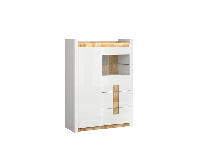 Alameda Display Cabinet 102x141 cm – LED, Glass Doors, 2 Drawers, White Gloss & Oak