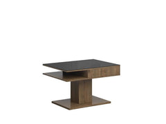 Campo Coffee Table 80×60 cm – Tempered Black Glass Top, Open Storage, Compact | April Oak & Black