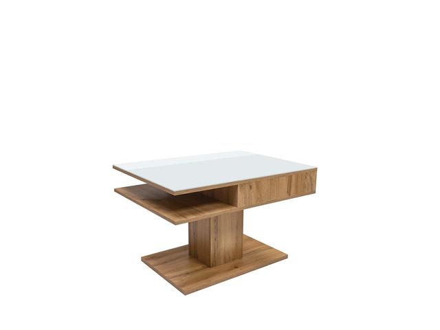 Campo Coffee Table 80×60 cm – Wotan Oak / White Toughened Glass | Open Storage Shelves