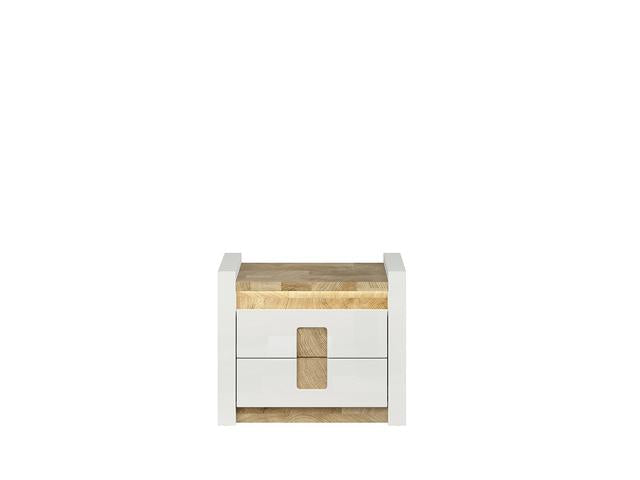 Alameda Bedside Table 62 cm – White Gloss / Westminster Oak | 2 Drawers & Built-In LED Light