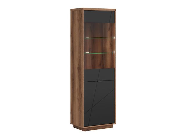 Forn Display Cabinet 64 cm – Dark Delano Oak & Black Matt, Glass Shelves