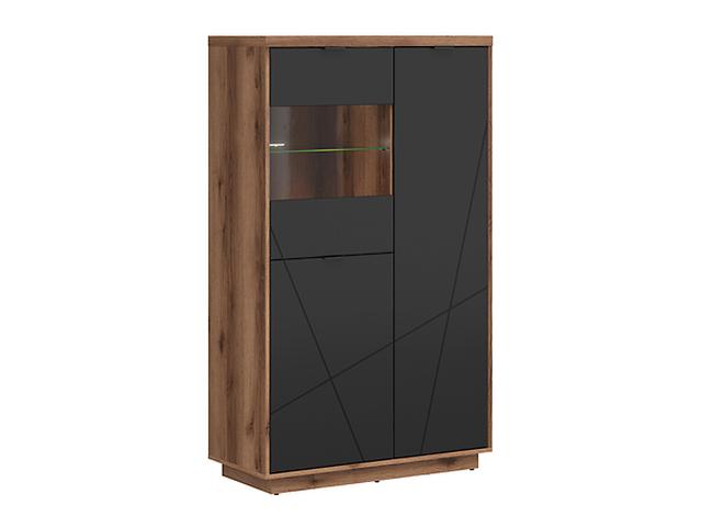 Forn Display Cabinet 94 cm – Dark Delano Oak / Matt Black | 6 Compartments, Glass Shelf & LED Option