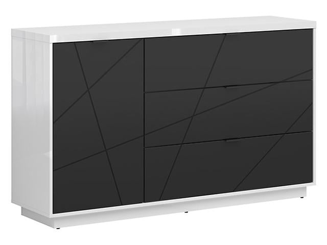 Forn Chest of Drawers 156cm — 1 Cabinet, 3 Full-Extension Drawers & Soft-Close Hinges, White Gloss & Black Matt