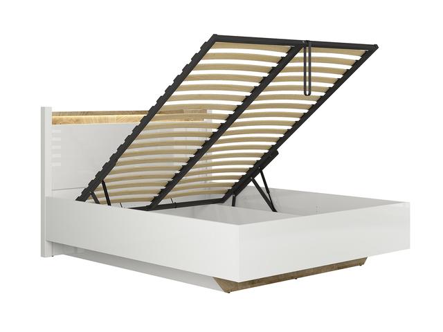 Alameda Bed 140×200 cm with Storage – White Gloss & Westminster Oak | Gas-Lift Bedding Storage | LED Lighting | Trapezoidal Base | Mattress Not Included