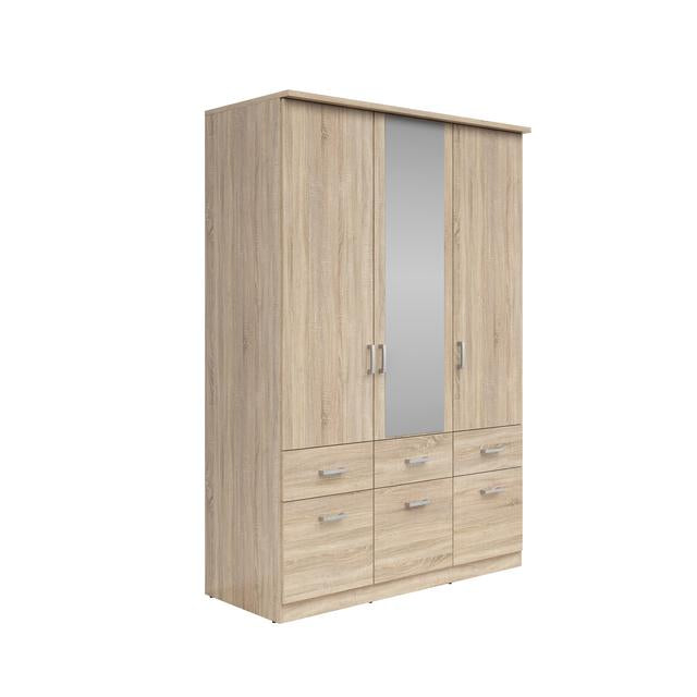 Brando 3 Wardrobe 136×199×58 cm – 3 Doors, Mirror, 2 Hanging Rails, 6 Drawers & Shelves | Sonoma Oak