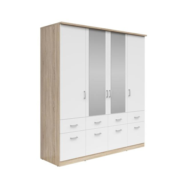 Brando 4 Wardrobe 181 cm – White Matt | Mirror Centre Doors | Hanging Rail | 8 Drawers | Shelves | Grey Textile Interior | 181×199×58 cm