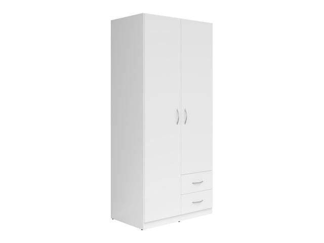 Casao 2-Door Wardrobe 91cm — Hanging Rail, Shelving Section, 2 Drawers & Grey Handles, White