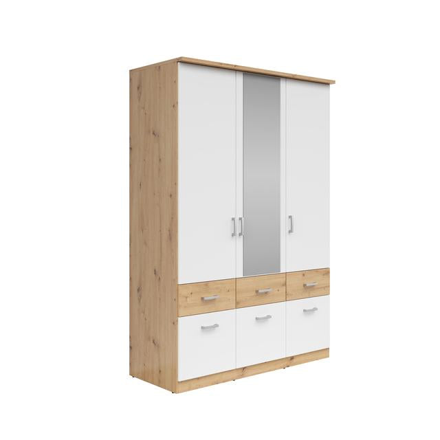 Brando 3 Wardrobe 136 cm – Artisan Oak & White | Mirror Centre Door | 2 Hanging Rails | 6 Drawers | Shelves | 136×199×58 cm