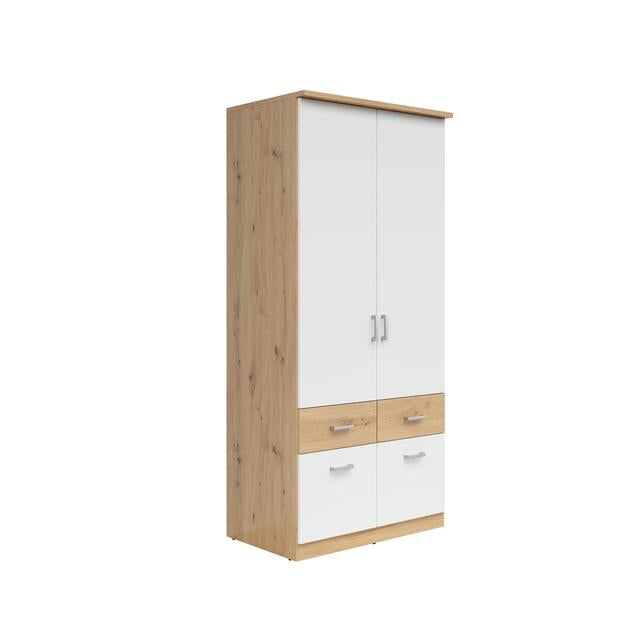 Brando 2 Wardrobe 91cm — Shelving, Hanging Rail, 4 Drawers & Silver Handles, Artisan Oak & White