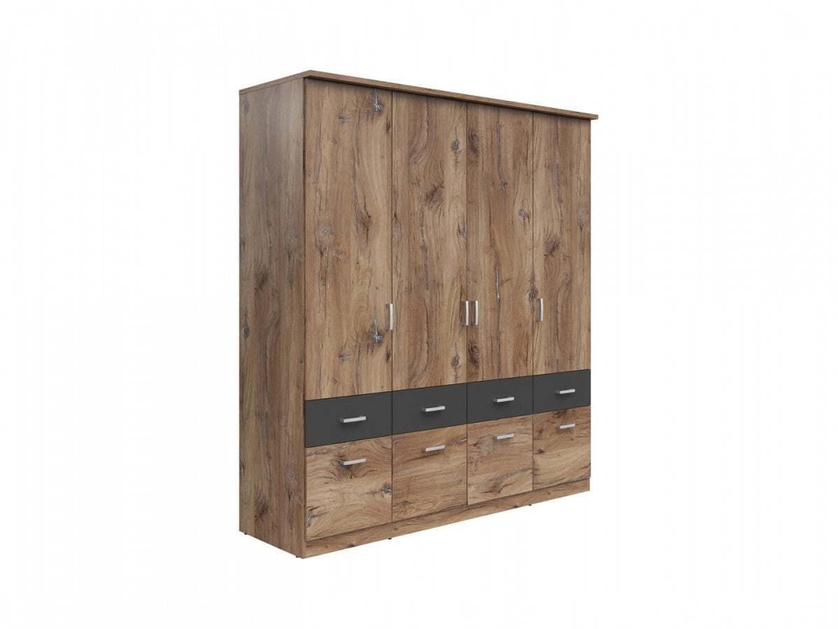 Brando 4 Wardrobe 4-Door with 8 Drawers – Dark Flagstaff Oak / Graphite