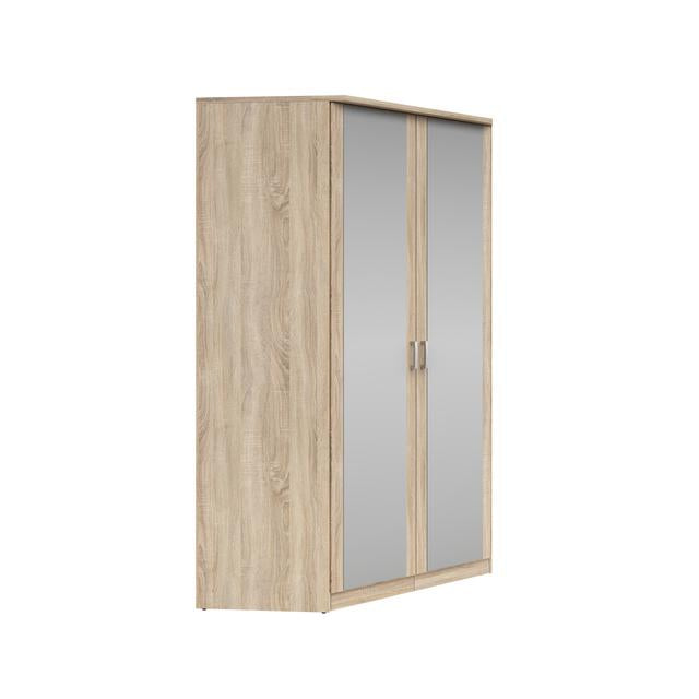 Brando Corner Wardrobe 117×117×199 cm – Mirror Doors, Hanging Rail & Shelves | Sonoma Oak & Grey Canvas