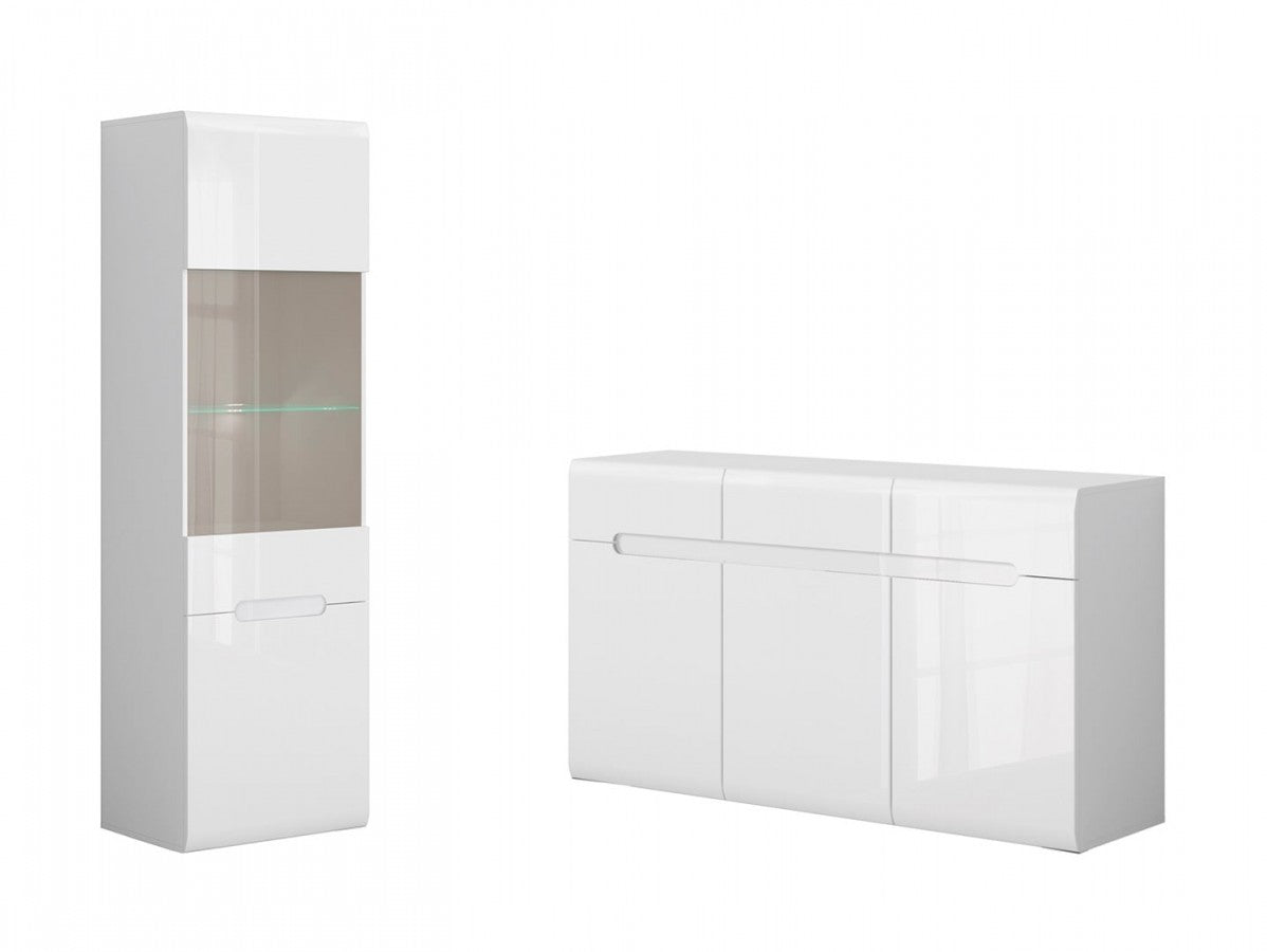 Azteca Trio Living Room Set – Chest of Drawers 150 cm + Display Cabinet 60 cm | White High Gloss | Soft-Close & LED