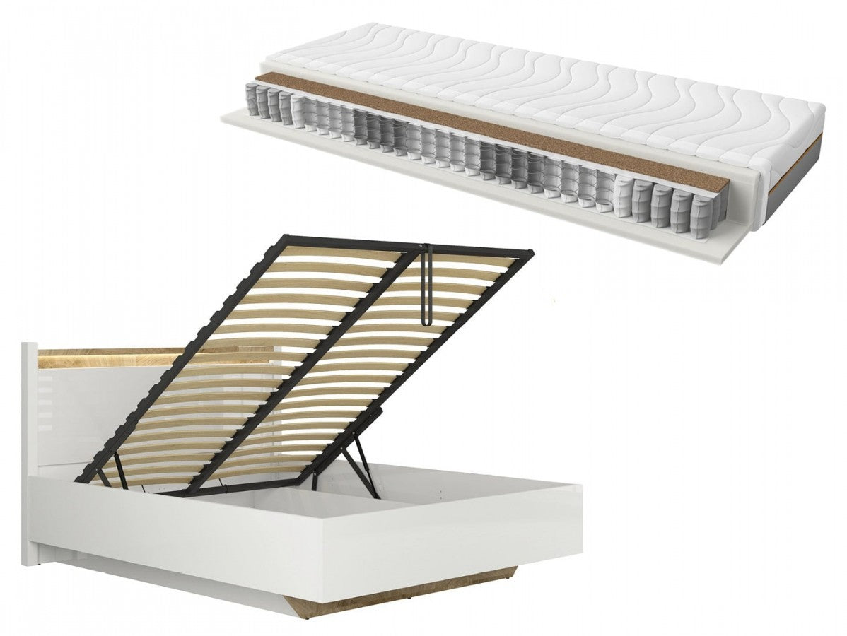 Alameda Bed 160×200 + Ceres Pocket Spring Mattress Set – White Gloss / Oak Westminster