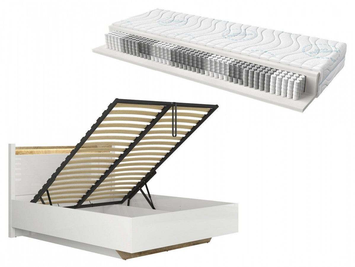 Alameda Bed 140 + Merida Mattress Set – Gas-Lift Storage Bed with LED & Multipocket Spring Mattress | White Gloss / Westminster Oak
