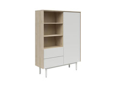 Ema Display Cabinet & Shelving Unit – Jackson Hickory Walnut & Light Grey | Beech Legs | Push-to-Open | 4 Shelves + 3 Open Shelves + 2 Drawers | 105×147×40 cm