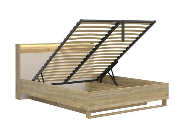 Dalva Bed 160 — Japandi Style, LED Headboard with USB, Gas Lift Storage, Mauvella Oak & Kashmir