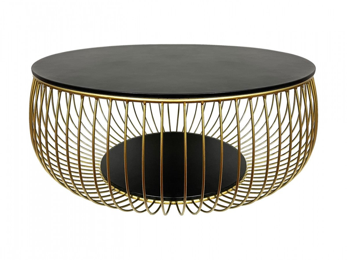 Bowl Round Glass Coffee Table — 86cm Tempered Glass Top & Filigree Metal Base, Black & Gold