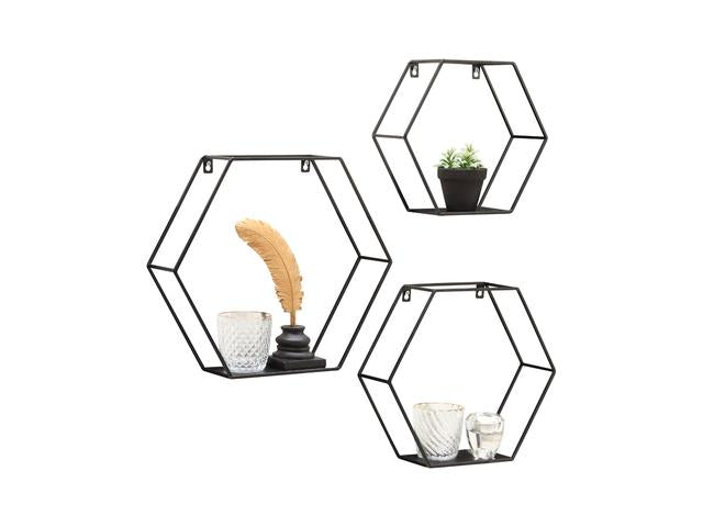 Dana Hexagon Wall Shelves – Set of 3 | Black Metal | Arrange Freely | Loft & Scandi Style