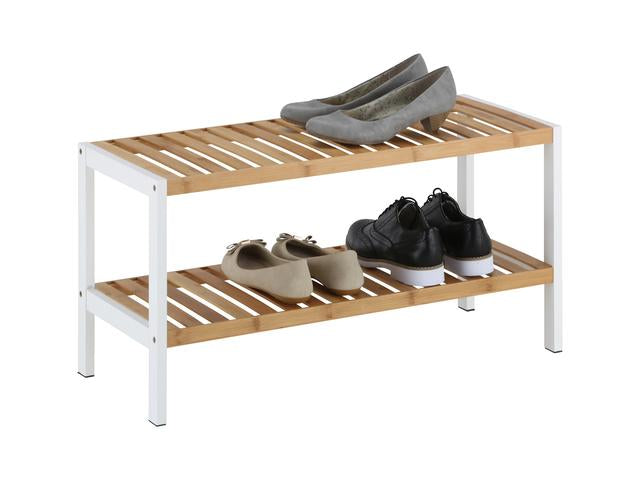 Anna 2 SB Shoe Rack 70cm — Open Slatted Shelves, Bamboo & White Lacquered Frame, 2-Tier or 3-Tier