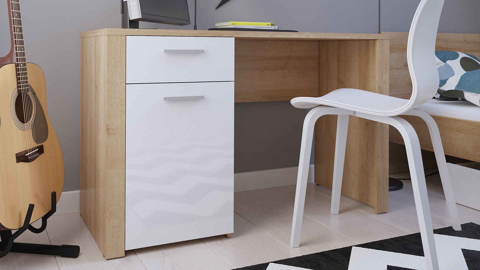 Balder Study Desk 120 cm – Riviera Oak / White Gloss, 1 Drawer & Cabinet