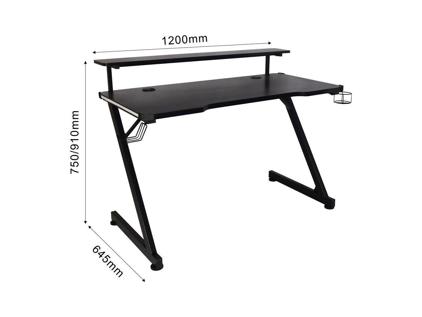 Black — Gaming Desk | 120 × 64 cm | Headphone Hook & Cup Holder | Cable Management